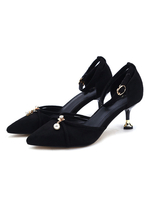 Spitzschuh Heels Wildleder Schwarze Perlen Knöchelriemen Pumps für Frauen