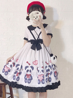 Süss Lolita OP Kleid 2020 Panda Druck Bow Ruffle Baumwolle Slub Weiß Lolita Einteiliges Kleid