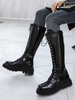 Stiefel mit mittlerer Wade für Frauen Schwarze PU-Leder-Stiefel mit runder Zehenfront und verstellbarem Riemen für Damen