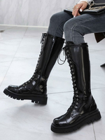 Stiefel mit mittlerer Wade für Frauen Schwarze PU-Leder-Stiefel mit runder Zehenfront und verstellbarem Riemen für Damen