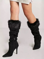 Stiefel mit mittlerer Wade Schwarze spitze Zehen Kunstleder Detail High Heels Stiefel