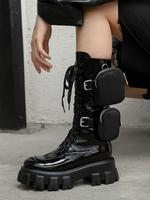 Stiefel mit mittlerer Wade Schwarzer runder Zehenriemen Verstellbare Stiefel für PU-Frauen