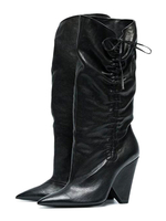 Stiefel mit mittlerer Wade; schwarzer; spitz zulaufender Absatz; Absatz mit mittlerem Absatz; Schnürung; PU-Lederstiefel