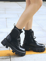 Stiefeletten Schwarzes Leder Round Toe Wedge Heel 2.4 "Booties