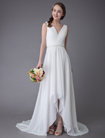 Strand Brautkleider 2021 Chiffon V Ausschnitt Hoch niedrig Sash Sommer Brautkleid