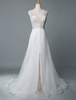 Strandhochzeitskleid A Line Sleeveless V-Ausschnitt High Split bodenlangen rückenfrei Sexy Brautkleid
