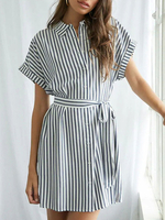 Streifen Hemd Kleider Turndown Kragen Kurzarm Midi Kleid
