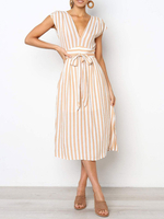 Streifen Sommerkleid V-Ausschnitt Schärpe Strandkleid für Frauen