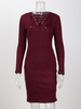 Strickkleid für Damen Burgunder V-Ausschnitt mit langen Ärmeln Schnürkleid aus Polyester