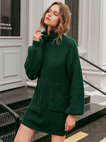 Strickkleid für Damen Hunter Green Fashion Polyester Langarm-Pullover mit hohem Kragen