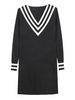 Strickkleid für Damen Schwarz Schöne Streifen Split Front V-Ausschnitt Langarm Polyester Sweater Kleid