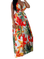 Summer Dress Straps Neck Blumendruck Muster Schnüren Orange Beach Dress Maxi Dress