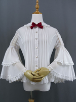 Sweet Lolita - Hemd mit Spitzenbesatz und gerafftem Rüschenbogen; Peter-Pan-Kragen; Hime-Ärmel; weiße Chiffon-Lolita-Bluse