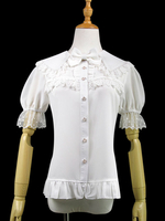Sweet Lolita - Hemdbluse mit Spitzenbesatz und gerafftem Rüschenbund und weißem Chiffon-Lolita-Oberteil