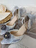 Sweet Lolita Footwear Grau Bogen Rüschen Pearls Bögen Spitzzehe PU Leder Lolita Pumps
