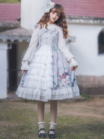 Sweet Lolita JSK Kleid Forest Hymn Bow Ruffle Lace vorne offen Baumwoll Slub Blue Lolita Jumper Rock