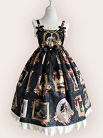 Sweet Lolita JSK Kleid Versailles Mädchen Print Rüschen Schleife Chiffon Schwarz Lolita Jumper Skirt