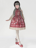 Sweet Lolita Kleid JSK Infanta Champs Elysees Print Bogen Rüschen Jacquard Dunkelrot Lolita Jumper Rock