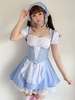Sweet Lolita OP Kleid Baby Blue Schnürung Plaid Ruffle Maid Lolita Einteilige Kleider