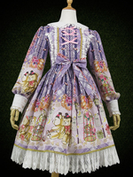 Sweet Lolita OP-Kleid mit Karomuster Bärendruck-Spitze-Rüsche-Bogen Lila Lolita Einteiliges Kleid