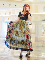 Sweet Lolita OP Kleid Neverland Blumendruck Ärmel Schwarz Schleifen Kaskadierende Rüschen Lolita Kleider