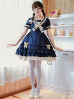 Sweet Lolita OP Kleid Sail Of The Rhein Bogen Rüschen Blau Lolita Einteiliges Kleid