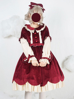 Sweet Lolita OP Kleid Velour Bow Ruffle Burgund Lolita Einteiliges Kleid