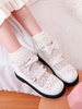 Sweet Lolita Schuhe Weiß Rüschen Bögen Perle PU-Leder-flache Lolita Pumps
