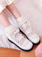 Sweet Lolita Schuhe Weiß Rüschen Bögen Perle PU-Leder-flache Lolita Pumps