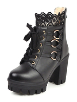 Sweet Lolita Stiefel Schwarze Spitze Runde Zehen Leder Chunky Heel Lolita Schuhe