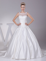 Sweetheart Hochzeitskleid Illusion Lace Beading Ausschnitt Satin Plissee a-Linie Kapelle Zug Günstiges Brautkleid