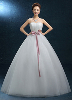 Sweetheart Hochzeitskleid trägerlos Ballkleid Günstiges Brautkleid Tüll rückenfreie Bow Band Schärpe Stock Länge Günstiges Brautkleid Perlen