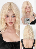 Synthetische Perücken mit goldenem stumpfem Pony hitzebeständige Faser geschichtet kurze Mädchenperücke für Frauen