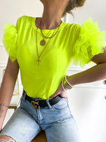 T-Shirt für Damen Kurzarm Hellgrün Polyester Unregelmäßige Spitze Jewel Neck T-Shirt