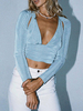 T-Shirt für Frauen Baby Blau Polyester Cabrio Halter Backless Casual Lace Up Plissee Lange Ärmel V-Ausschnitt Sommer Tops