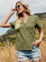 T-Shirt für Frauen Kurzarm mit V-Ausschnitt Hunter Green Asymmetrical Buttons Polyester T-Shirt