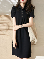 T-Shirt Kleider für Frauen Schwarzes Polyester Kurzarm Turndown Collar Sommerkleid