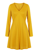 T-Shirt Kleider Gelb Langarm V-Ausschnitt Stretch Casual Rüschen Sommerkleid Strickkleid
