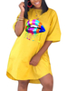 T-Shirt Kleider Gelbe Polyester Baumwolle Halbe Ärmel Jewel Neck Print Lose Sommerkleid