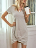 T-Shirt Kleider Hellgrau Kurzarm V-Ausschnitt Irregualr geknotetes Sommerkleid Strickkleid
