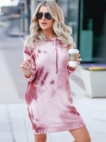 T-Shirt Kleider Kaffee Braun Polyester Tie Dye Lange Ärmel Mit Kapuze Stretch Sommer Tunika Kleid
