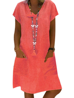 T-Shirt Kleider Rosa Polyester Kurzarm Sommerkleid mit V-Ausschnitt