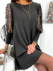 T-Shirt Kleider Schwarz Polyester Lange Ärmel Jewel Neck Layered Sommerkleid Tunikakleid