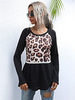 T-Shirt Schwarz Lange Ärmel Leopardenmuster Stretch Plissee Jewel Neck Polyester T-Shirt