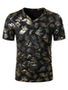 T-Shirts Schwarzgold Stempeln Lässig V-Ausschnitt Kurzarm T-Shirt Top