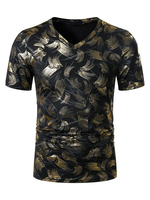 T-Shirts Schwarzgold Stempeln Lässig V-Ausschnitt Kurzarm T-Shirt Top