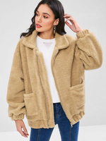 Teddy Jacke Kunstfell Damen Winter Jacke Langarm und Taschen Teddy Mantel