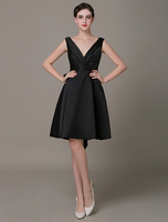 Tiefschwarzes Cocktailkleid Gefalteter Schleifengürtel A-Linie Kleines Schwarzes Kleid Hochzeitsgastkleid