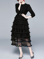 Tiered Maxi Kleider Schwarz Langarm Frauen Partykleid