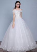 Tüll Günstiges Brautkleid aus der Schulter Spitze Pailletten Stock Länge Lace-Up a-Linie Günstiges Brautkleid